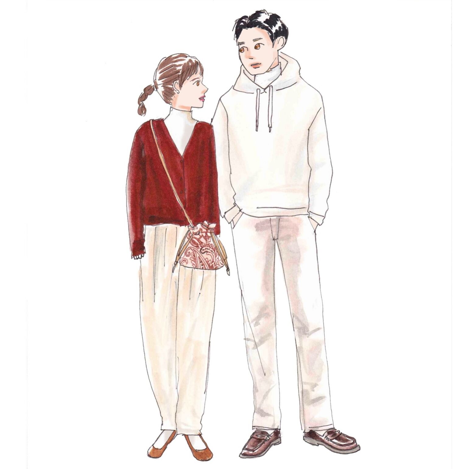 タートルネックをレイヤードし、秋らしい落ち着いたトーンの配色で合わせたカップルの秋のシミラ―コーデ