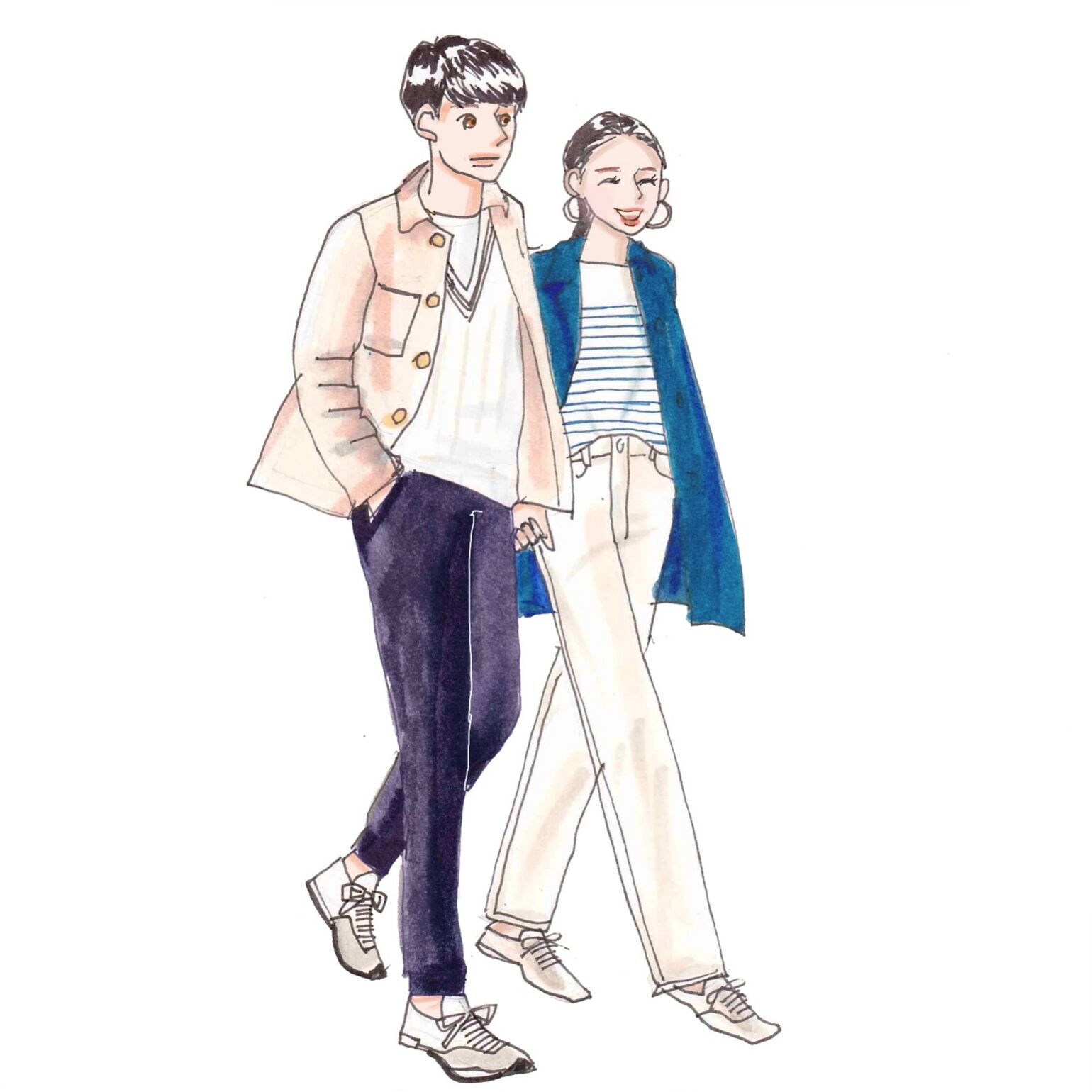 トップスがオフホワイト、ボトムスがブルー系のメンズコーデと、アウターにブルー系、ボトムスにオフホワイトのレディースコーデで、トップスとボトムスのカラーを逆に揃えるミラーリングコーデ