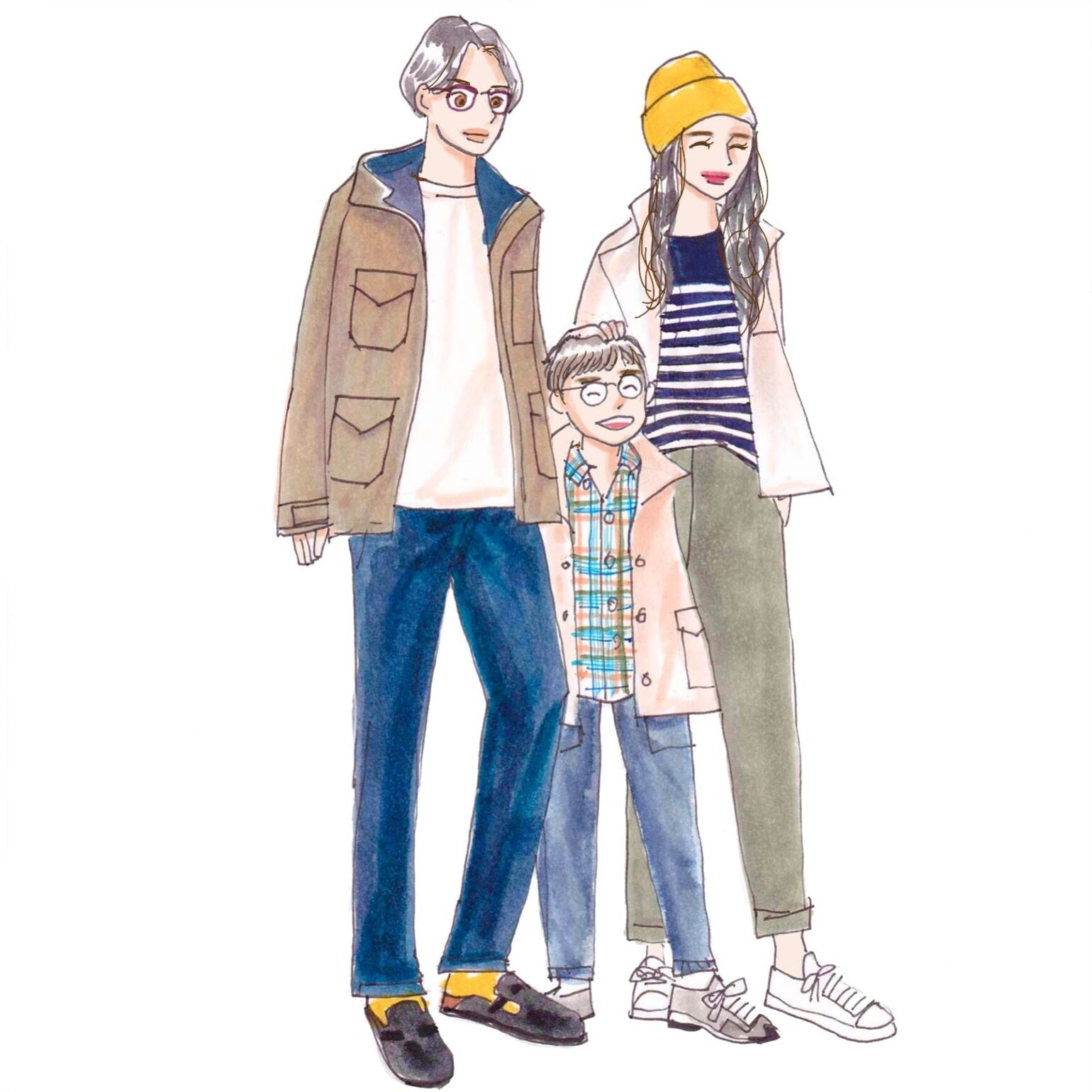 カジュアルなテイスト合わせと部分的にイエローの小物を合わせた親子のシミラ―ルック