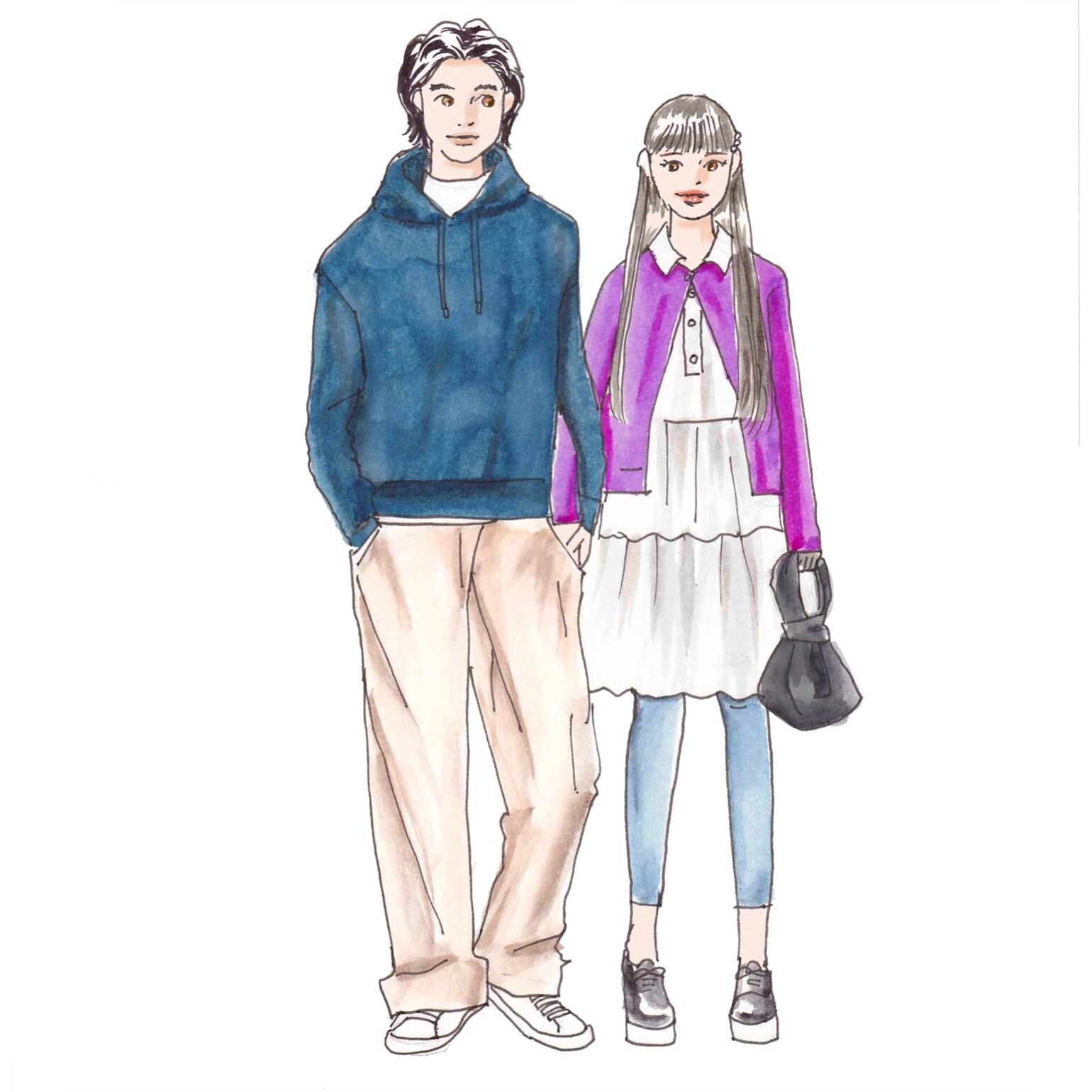 メンズはブルーのパーカ、レディースはピンクのカーディガンと鮮やかな色のトーンで合わせたカップルの春のシミラーコーデ