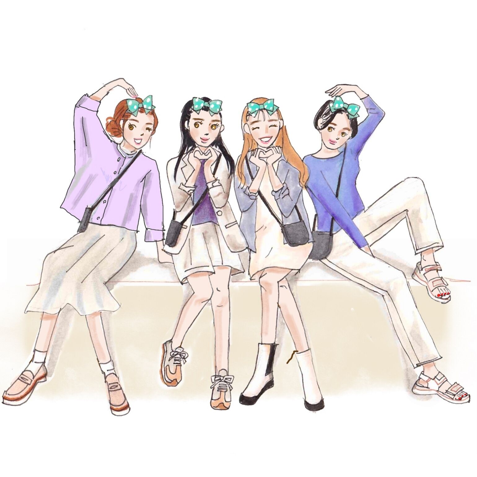 テーマパークに行く時の明るい色味で揃えた女友達とのシミラ―コーデ