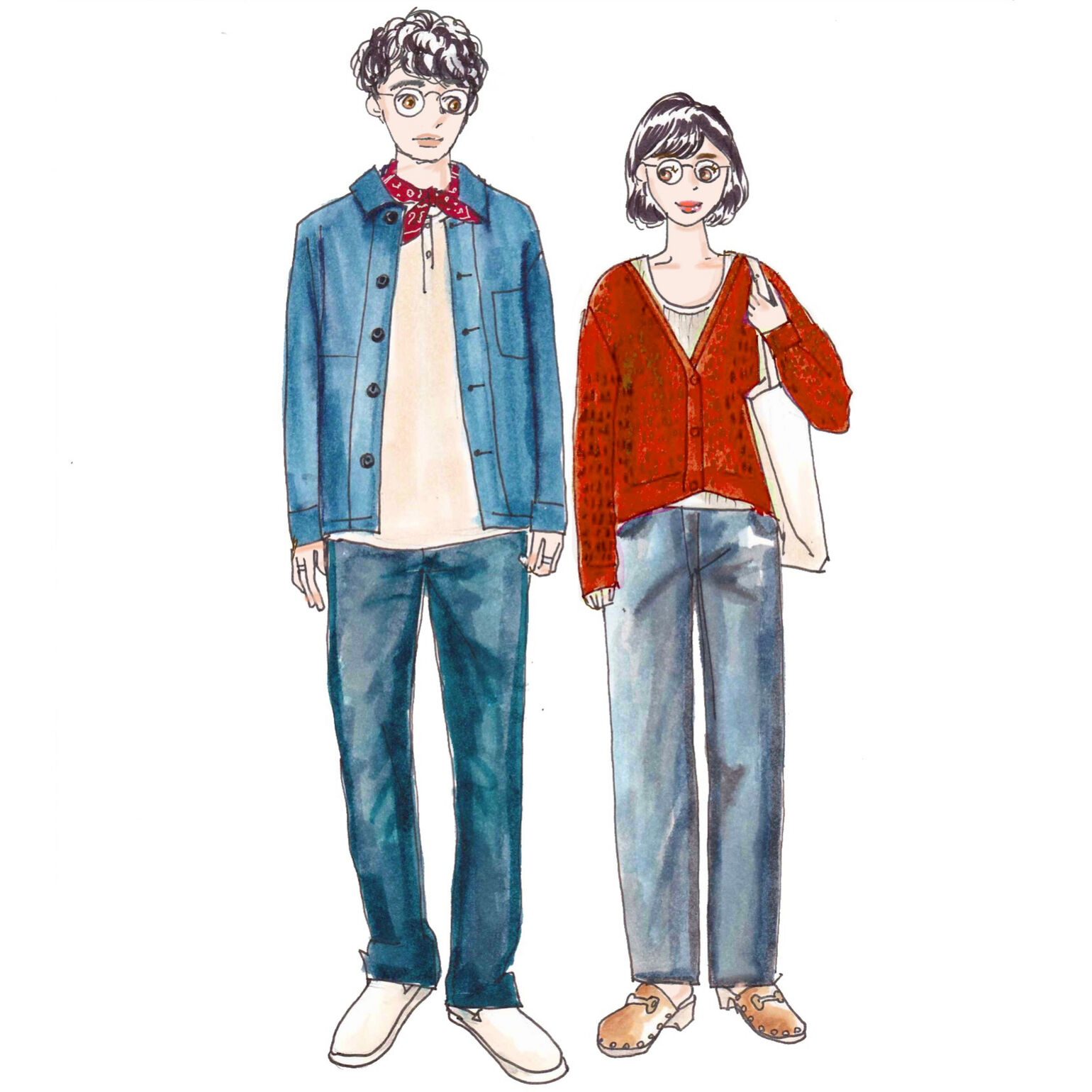 古着風のテイストで揃えたカップルのシミラ―コーデ