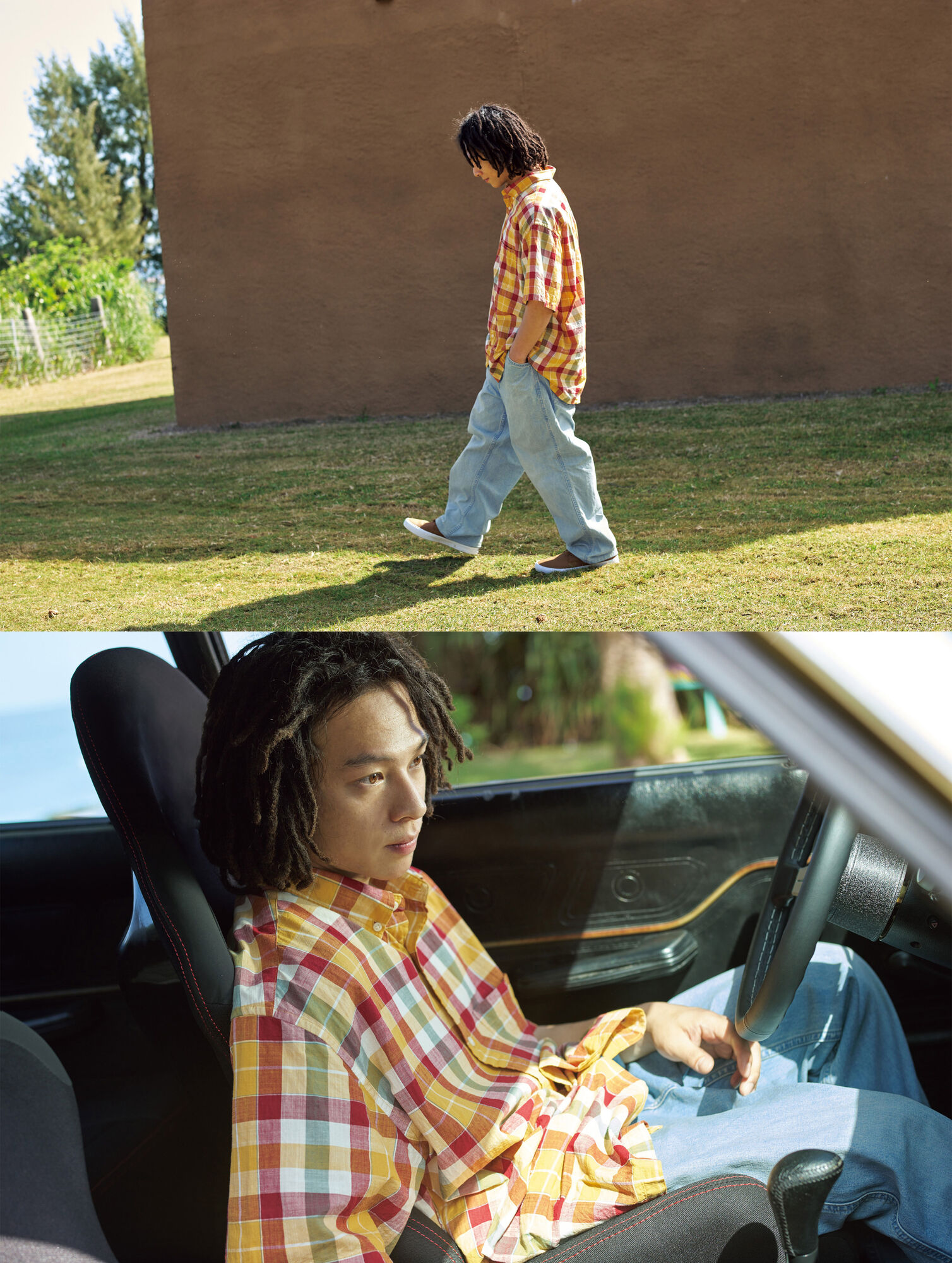 マドラスチェックシャツにワイドフィットジーンズを合わせた平野歩夢の画像