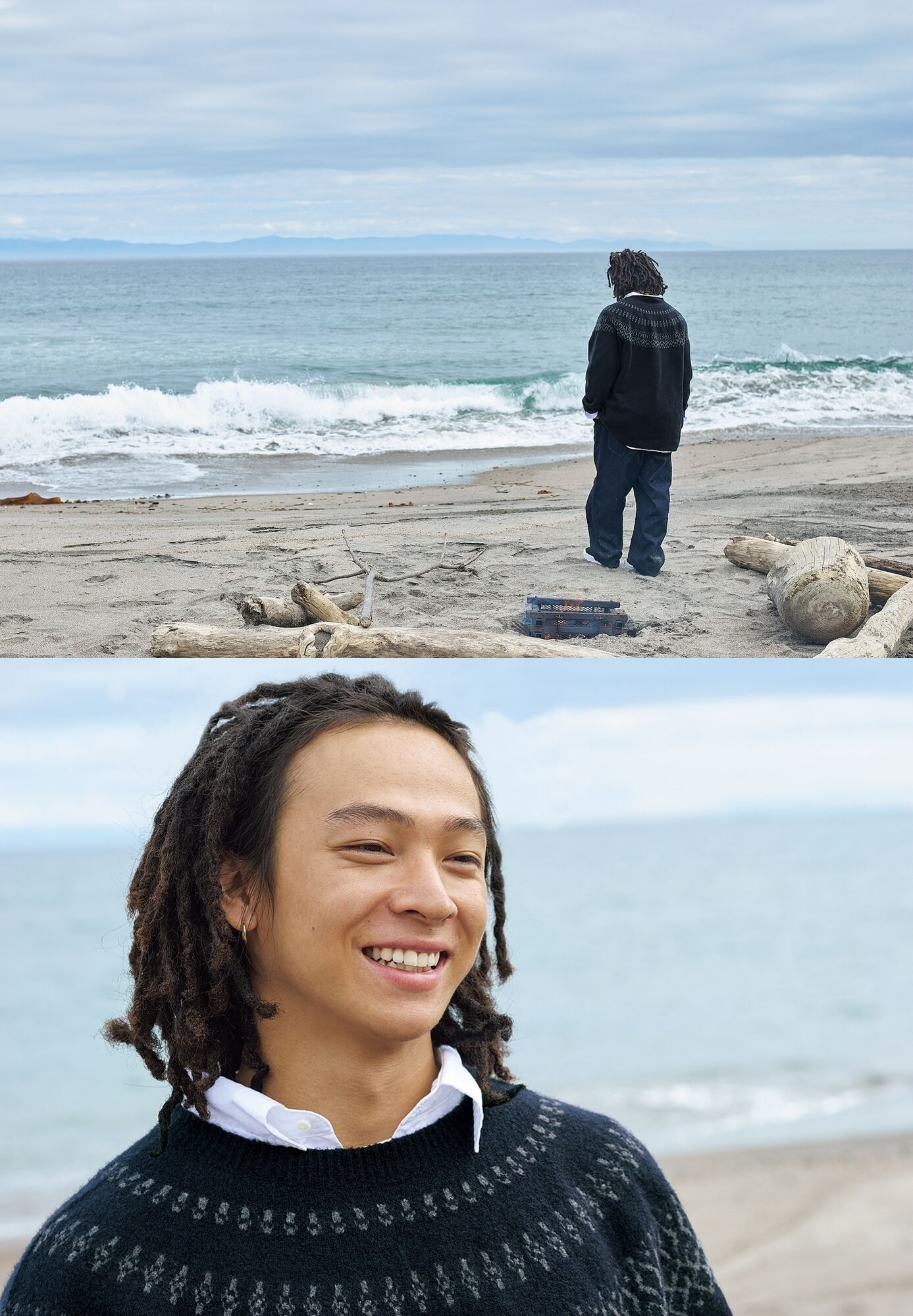 3Dスフレヤーンクルーネックセーターとエクストラファインコットンブロードシャツにワイドフィットジーンズを合わせた平野歩夢の画像