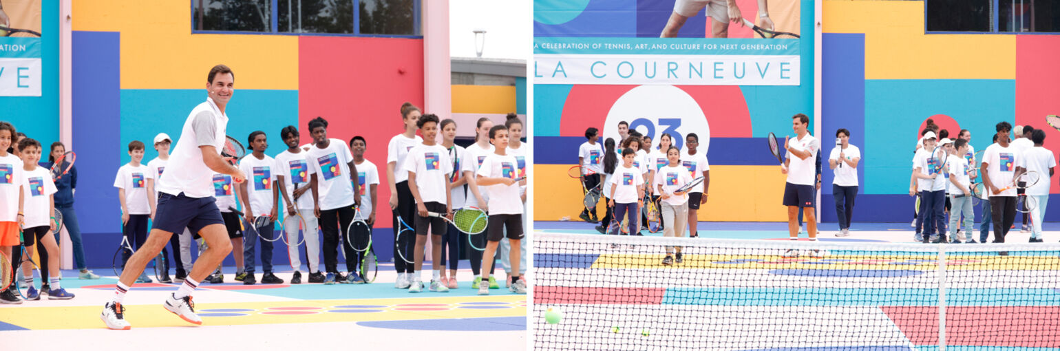 地元のジュニア選手たちに、熱心にレクチャーするフェデラー