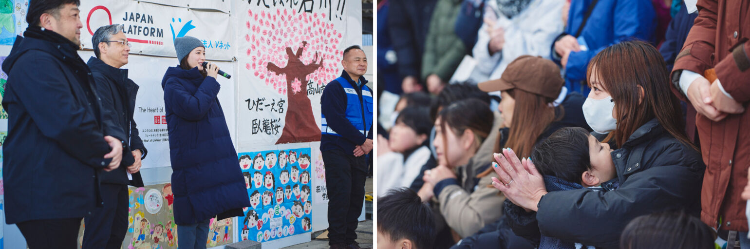 被災された方々が利用する仮設浴場にサプライズ登場