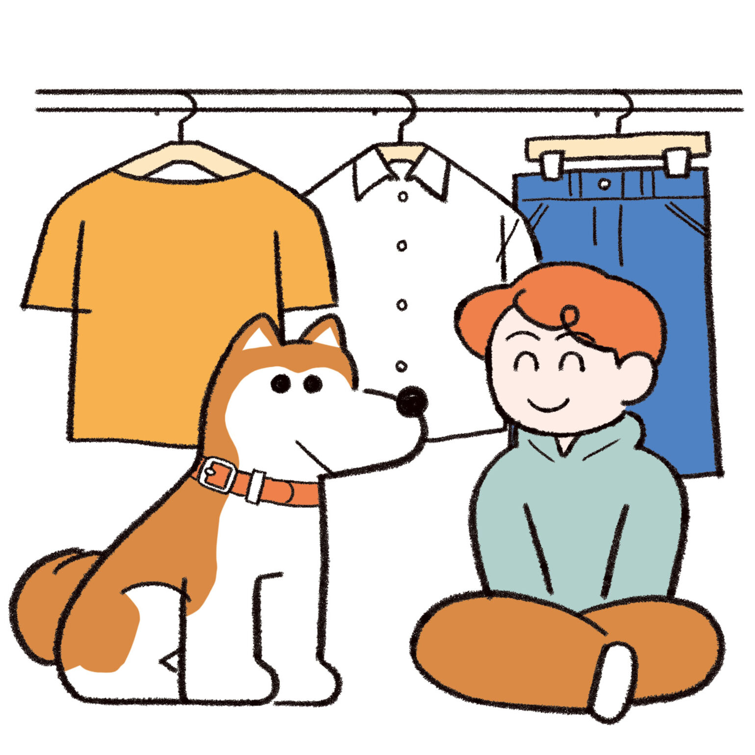 部屋にかかった服とそこに住む男性と犬のイラスト