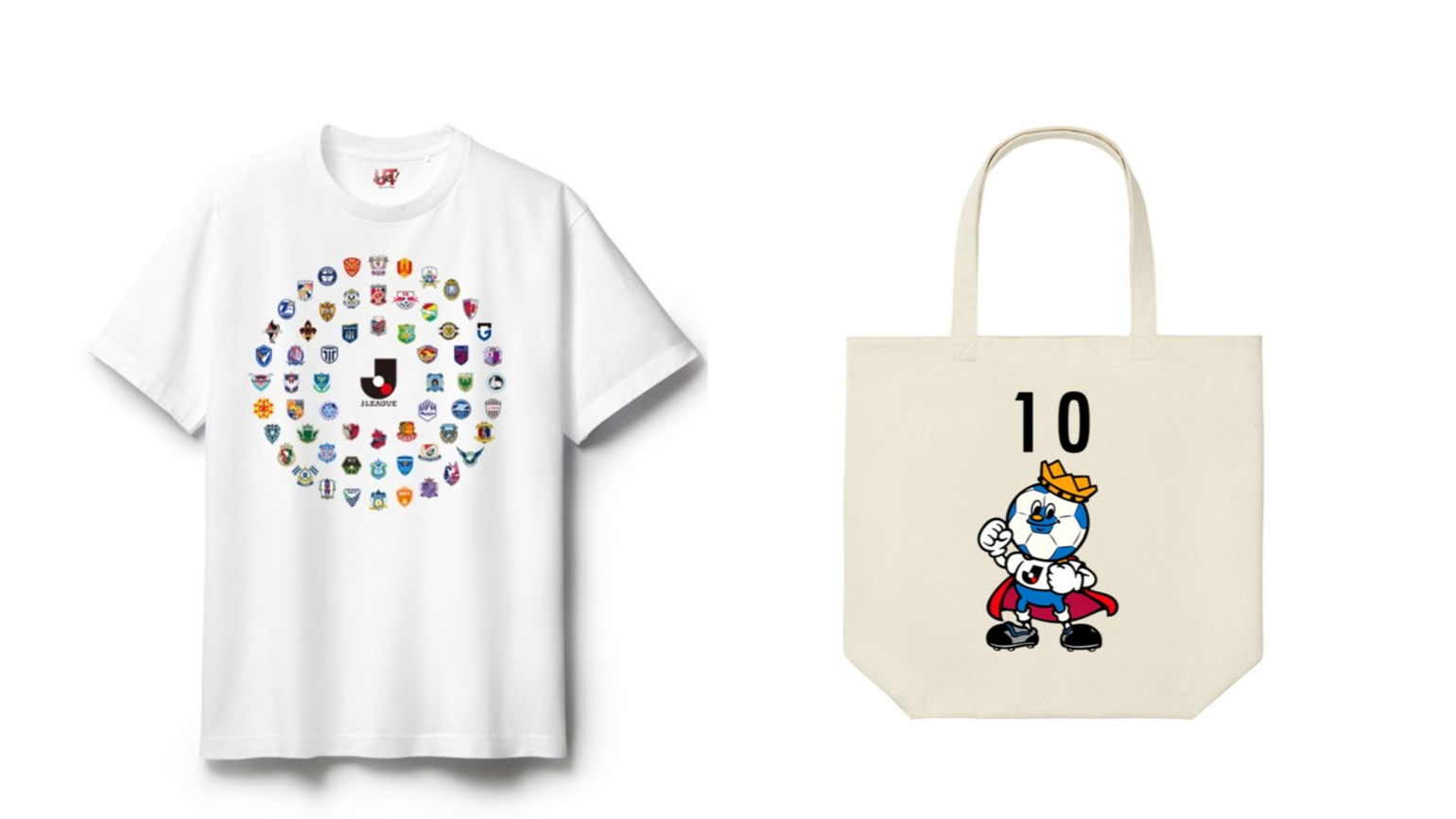 Jリーグのクラブのロゴが入っているTシャツとトートバックが並んでいる画像
