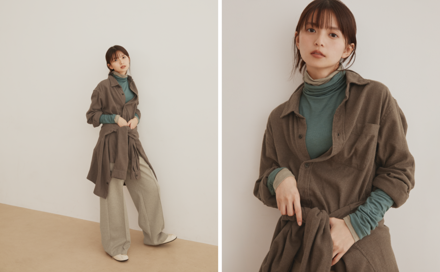 グリーン、ベージュなどの極暖ヒートテックカシミヤブレンドアイテムを着用する齋藤飛鳥さん