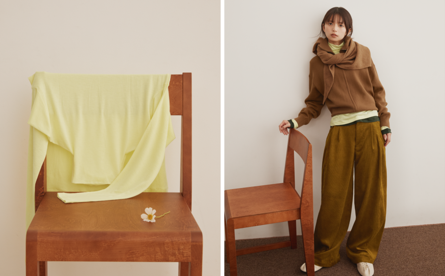 黄色や茶色などの極暖ヒートテックカシミヤブレンドアイテムを着用する齋藤飛鳥さん