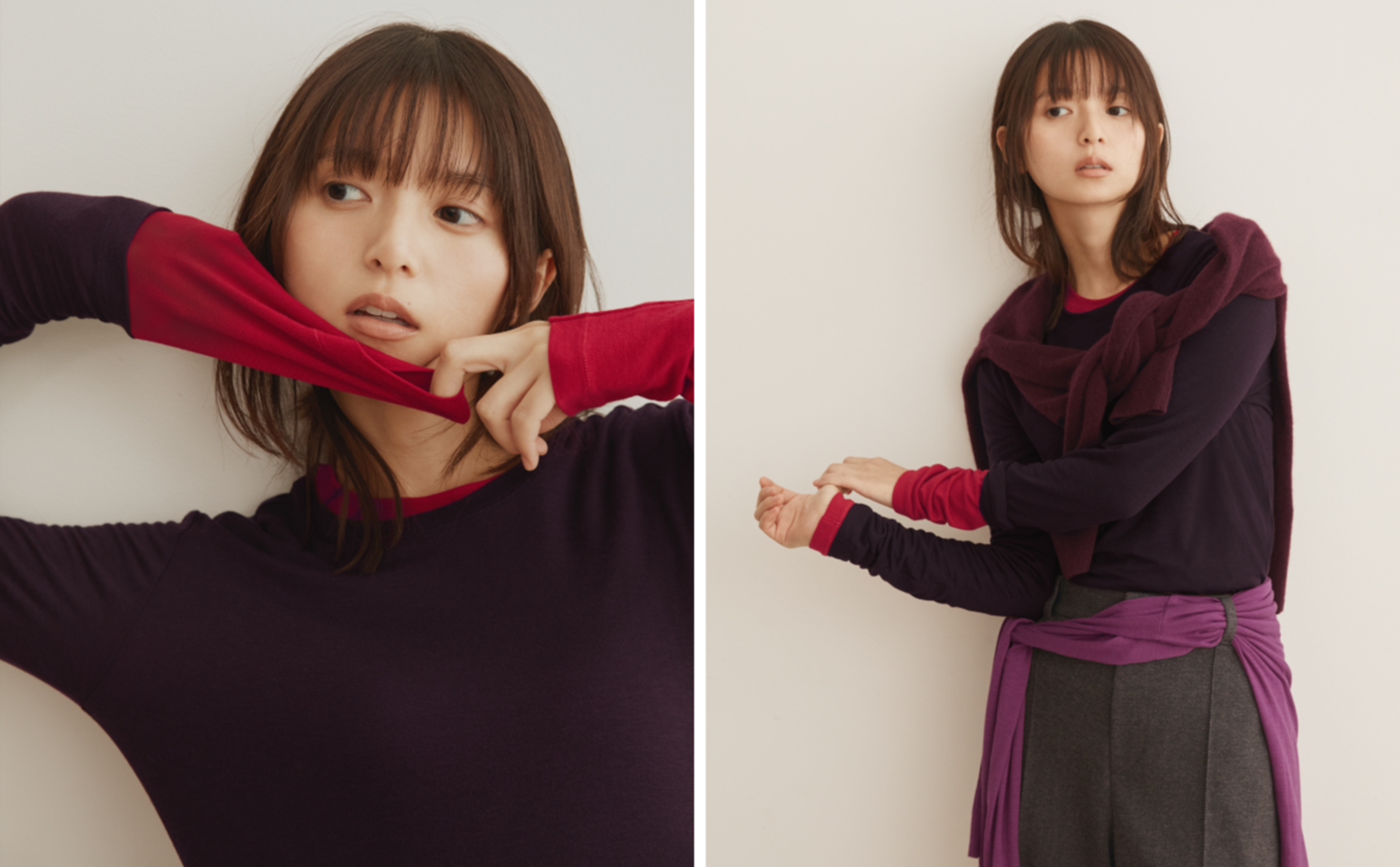 赤色や紫色などの極暖ヒートテックカシミヤブレンドアイテムを着用する齋藤飛鳥さん