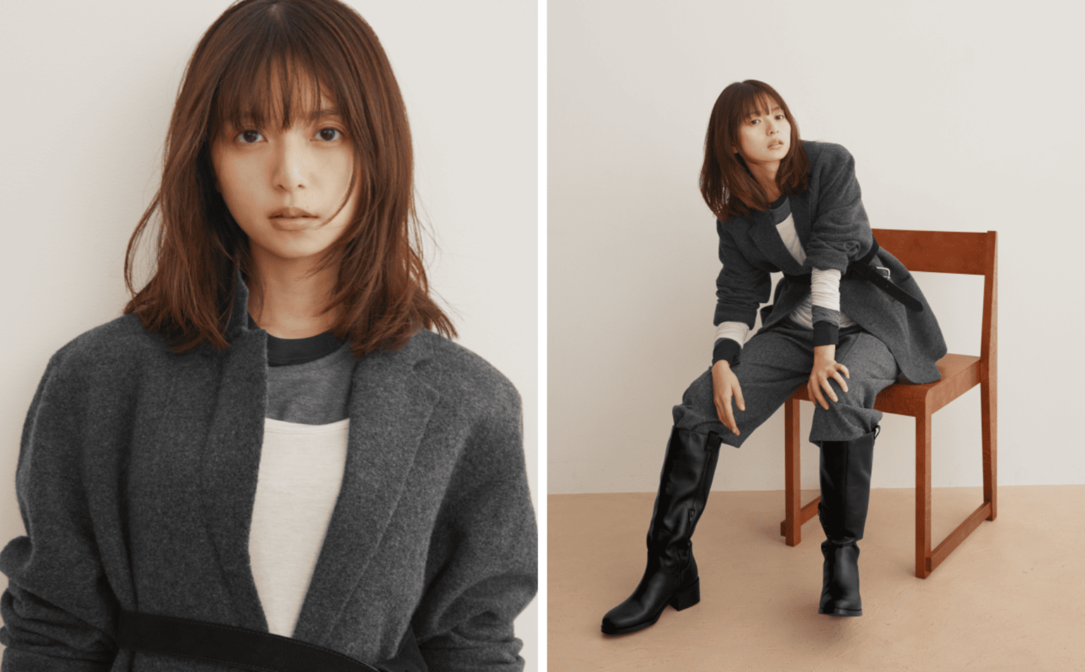 黒とグレーの極暖ヒートテックカシミヤブレンドアイテムを着用する齋藤飛鳥さん