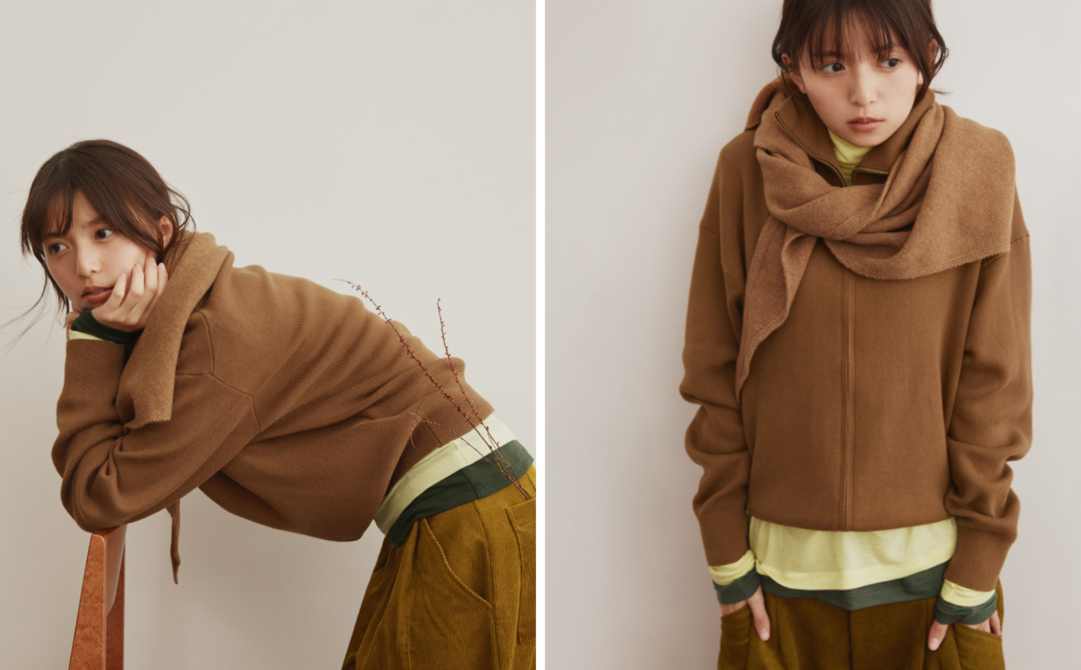黄色や茶色などの極暖ヒートテックカシミヤブレンドアイテムを着用する齋藤飛鳥さん