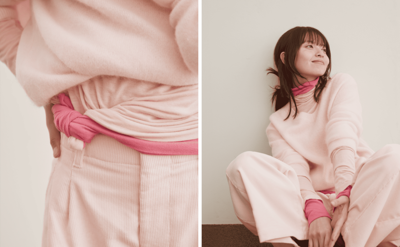 ピンク色の極暖ヒートテックカシミヤブレンドアイテムを着用する齋藤飛鳥さん