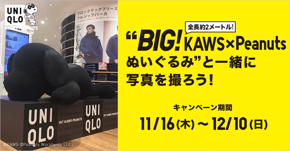 "BIG!KAWSxPeanutsぬいぐるみ"と一緒に写真を撮ろう！ キャンペーン期間 11/16(木)～12/10(日)