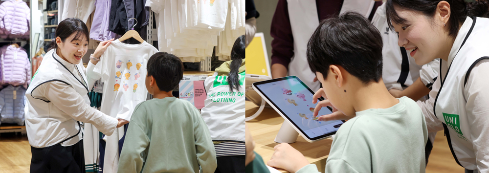 [사진자료4] 나만의 고유한 티셔츠를 커스터마이징 할 수 있는 UTme!(유티미) 서비스의 신규 스탬프 '꿈돌이'를 쇼핑 이벤트 참여 아동에게 소개하는 유니클로 대전 매장 직원.png