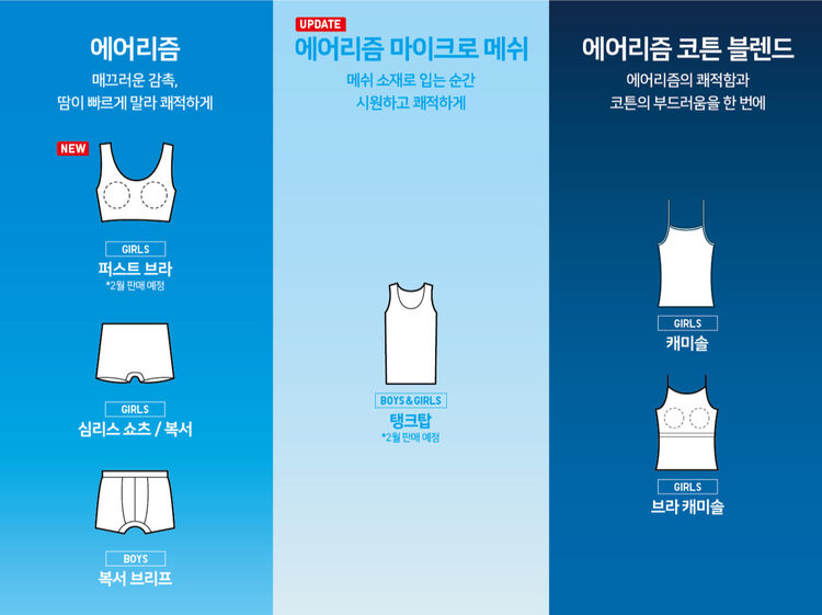 키즈 에어리즘의 전체 라인업을 보여주는 이미지