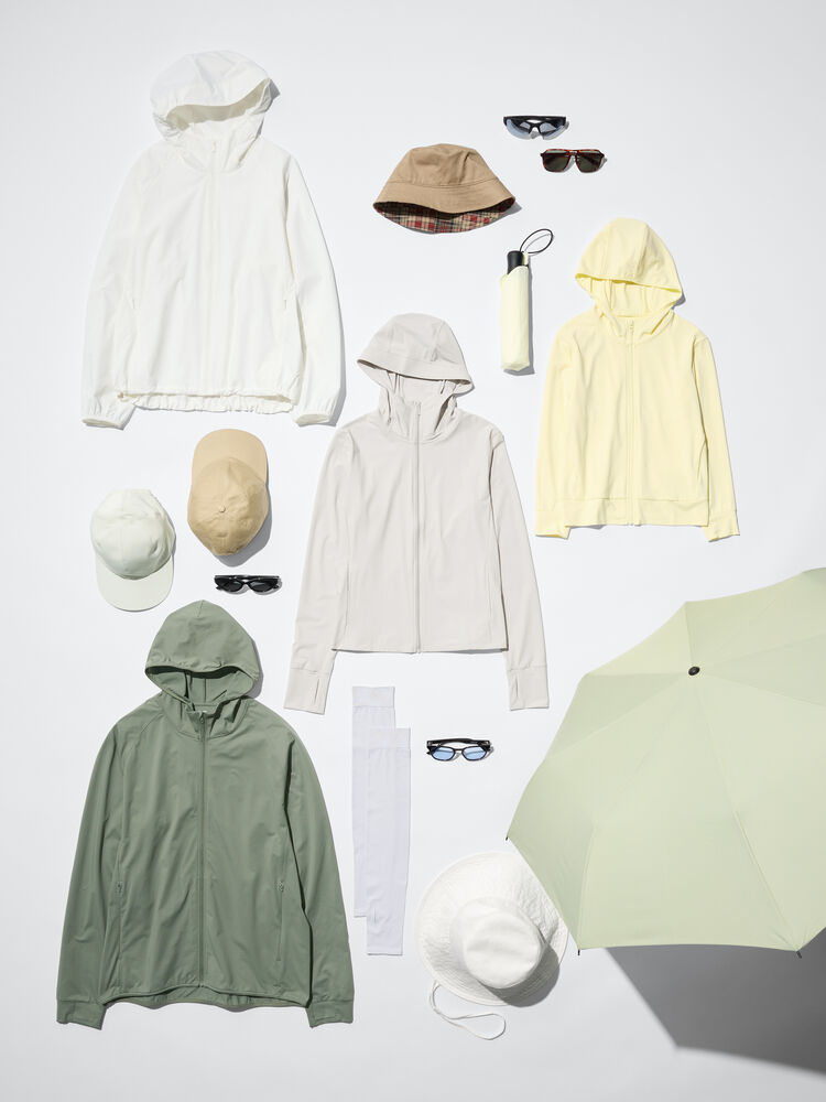 UV PROTECTION(자외선 차단) 기능이 적용된 재킷, 모자, 선글라스, 우산 제품 이미지