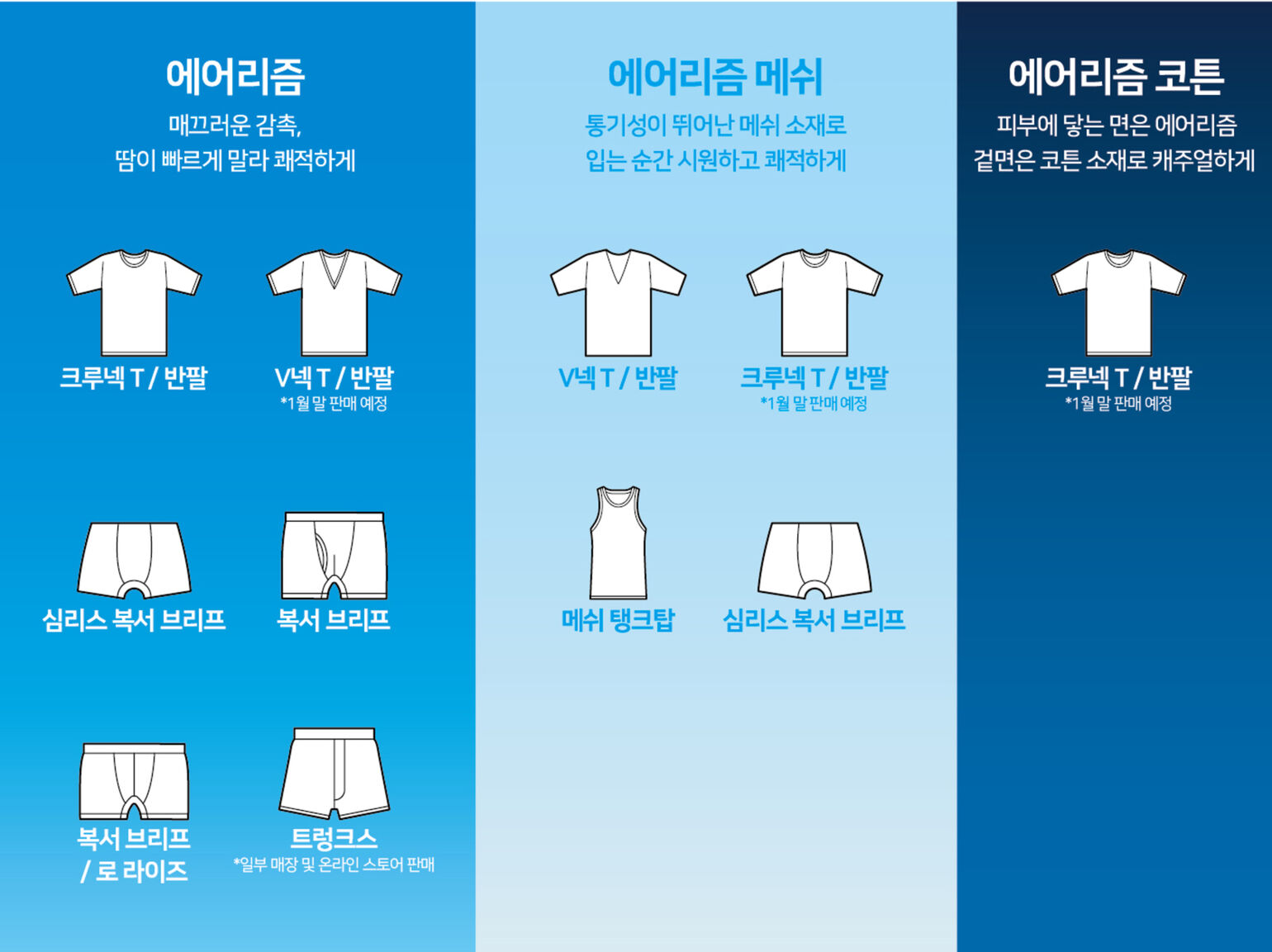 남자 에어리즘의 전체 라인업을 보여주는 이미지