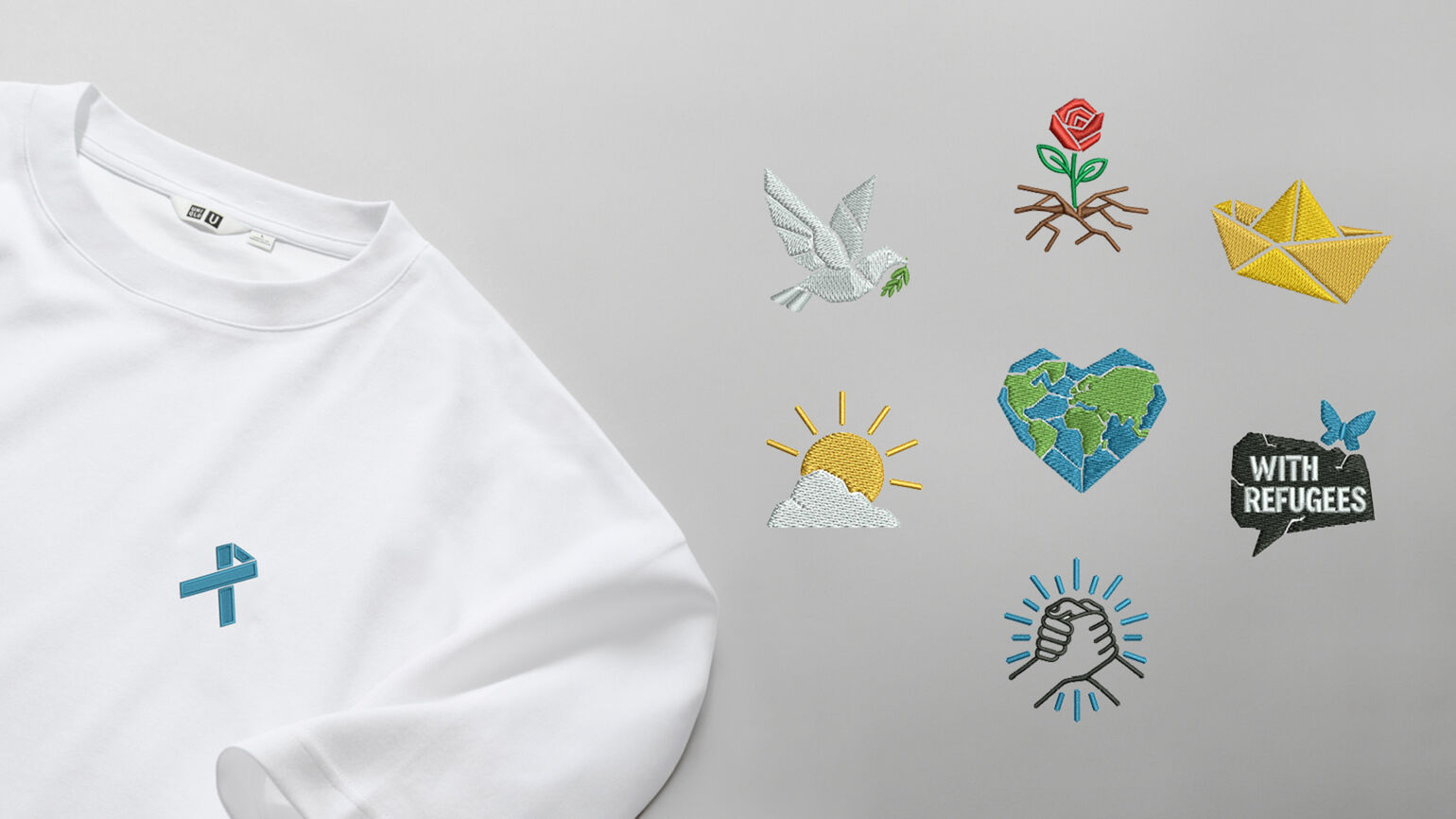 Foto met T-shirt met borduurdesigns van UNIQLO x UNHCR samenwerking