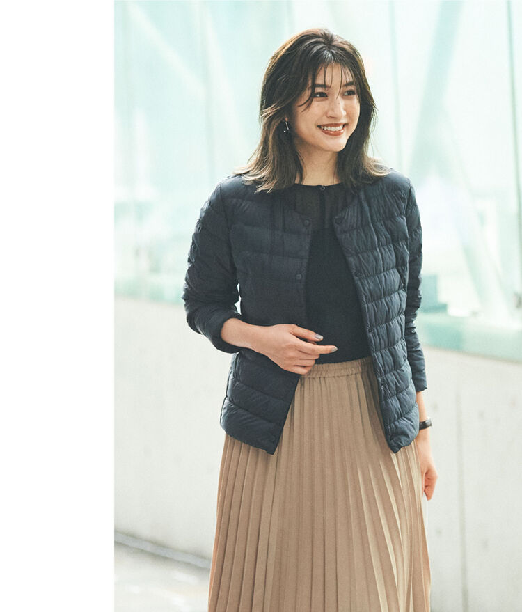 ウルトラライトダウン コンパクトジャケット＆シフォンブラウス＆アコーディオンプリーツ ロングスカート