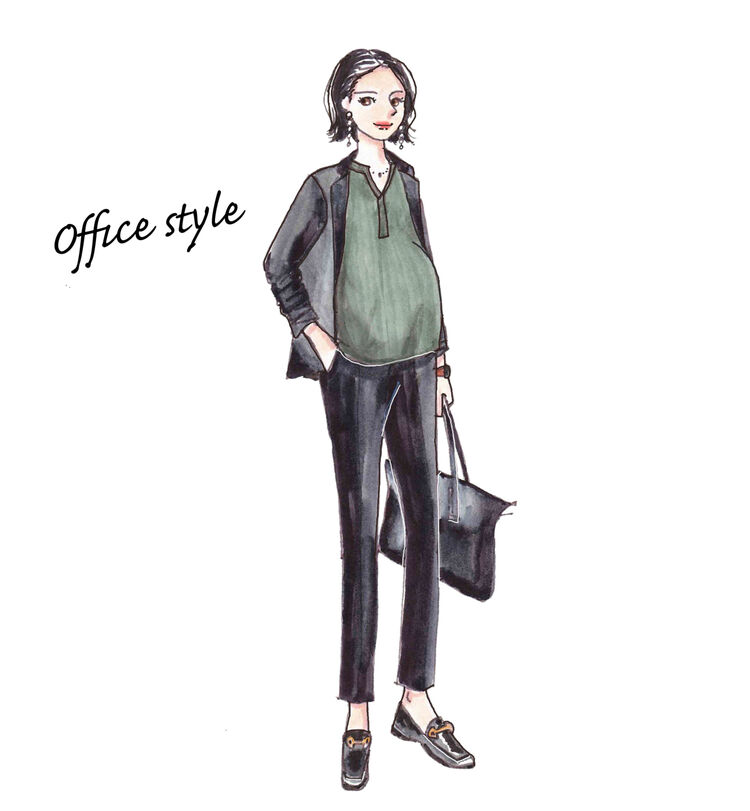 マタニティスマートアンクルパンツとジャケット、シャツを使ったオフィスコーデを着た女性のイラスト