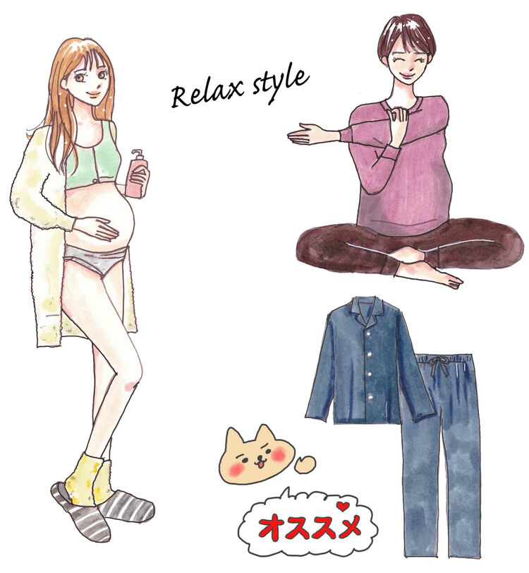 マタニティショーツとエアリズム前空きブラを着たリラックススタイルの女性のイラストとルームセットを着た女性のイラスト