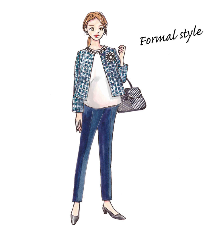 マタニティスマートアンクルパンツとノーカラージャケット、ブラウスを使ったフォーマルスタイルのコーデを着た女性のイラスト