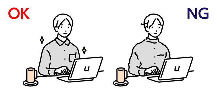 テレワークの時の洋服のシワ、身だしなみチェックのOKとNG例のイラスト