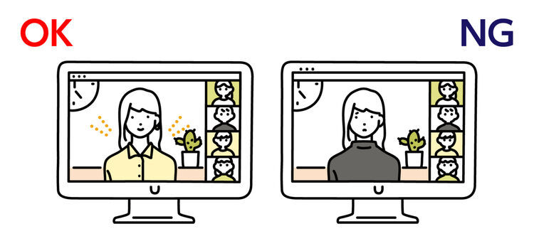 テレワークの時のテレビ会議で映える色＆デザインのトップスのOKとNG例のイラスト
