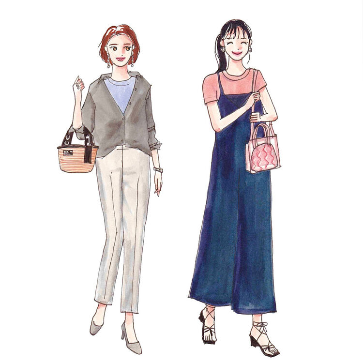 グレーのシャツの中にラベンダーカラーのTシャツをインナーで使った大人のレディースコーデと、サーモンピンクのTシャツをネイビーのサロペットのインナーに合わせた若めのレディースコーデ