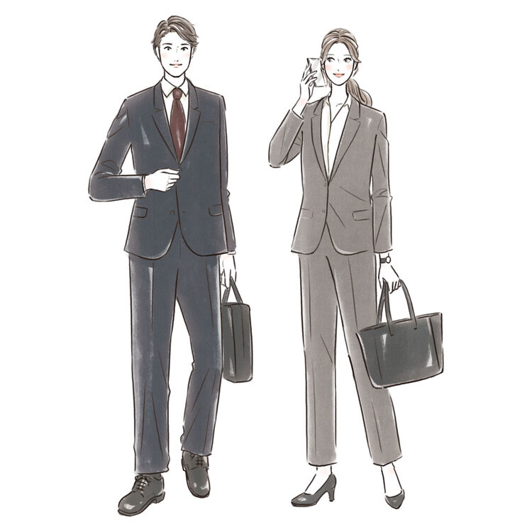 グレーや紺のジャケットに淡い色のブラウス、パンツを合わせたレディーズコーデとジャケットに白シャツ、明るい色のネクタイ、パンツを合わせたメンズコーデ