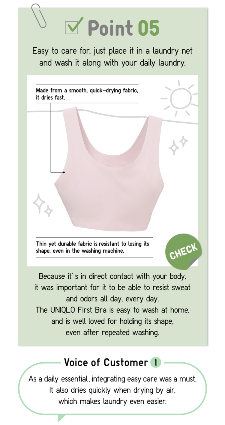 Point05 Easy to care for, just place it in a laundry net and wash it along with your daily laundry. Made from a smooth, quick-drying fabric, it dries fast. Thin yet durable fabric is resistant to losing its shape, even in the washing machine. CHECK Because it’s in direct contact with your body, it was important for it to be able to resist sweat and odors all day, every day. The UNIQLO First Bra is easy to wash at home, and is well loved for holding its shape,even after repeated washing. Voice of Customer1 As a daily essential, integrating easy care was a must. It also dries quickly when drying by air, which makes laundry even easier.