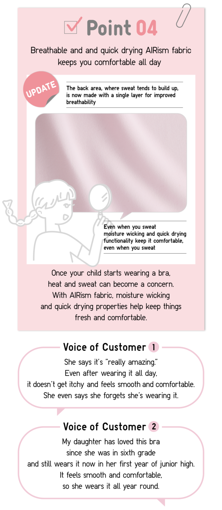Point04 Breathable and and quick drying AIRism fabric keeps you comfortable all day  UPDATE The back area, where sweat tends to build up, is now made with a single layer for improved breathability Even when you sweat moisture wicking and quick drying functionality keep it comfortable, even when you sweat Once your child starts wearing a bra, heat and sweat can become a concern. With AlRism fabric, moisture wicking and quick drying properties help keep things fresh and comfortable. Voice of Customer1 She says it’s “really amazing.” Even after wearing it all day, it doesn’t get itchy and feels smooth and comfortable. She even says she forgets she’s wearing it. Voice of Customer2 My daughter has loved this bra since she was in sixth grade and still wears it now in her first year of junior high. It feels smooth and comfortable, so she wears it all year round.