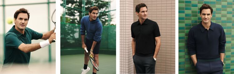 A grid of four styling shots featuring Roger Federer wearing the Spring/Summer 2026 collection. The photos capture the diverse range of the collection, from high-performance sportswear in new green and blue hues on the court to modern daily wear like navy knitwear and black polo shirts.