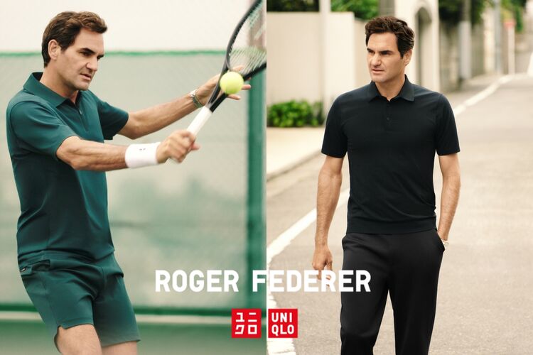 A two-panel key visual featuring Roger Federer. The left side shows him in a green polo shirt powerfully swinging a racket on a tennis court, while the right side captures him walking through the city in a sophisticated daily look, wearing a navy polo shirt and matching trousers.