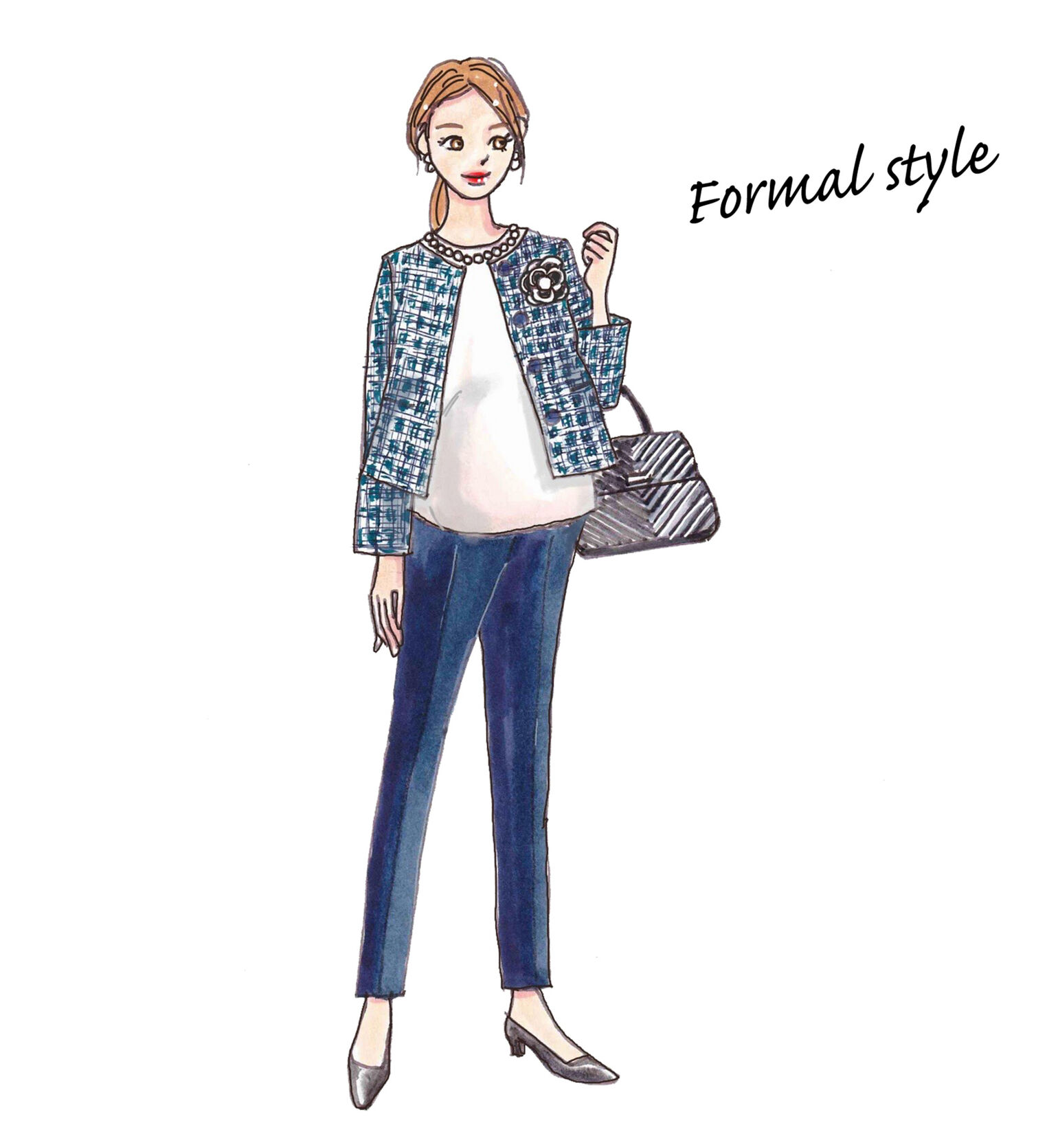 マタニティスマートアンクルパンツとノーカラージャケット、ブラウスを使ったフォーマルスタイルのコーデを着た女性のイラスト