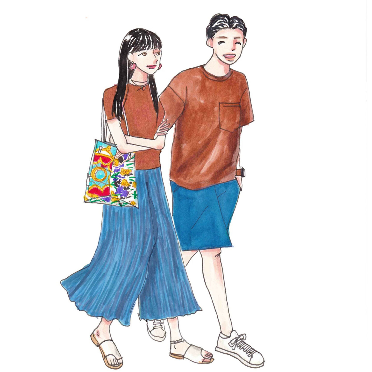 茶色のTシャツにブルーのショートパンツのメンズコーデと茶色のTシャツにブルーのワイドパンツを合わせたレディースコーデ