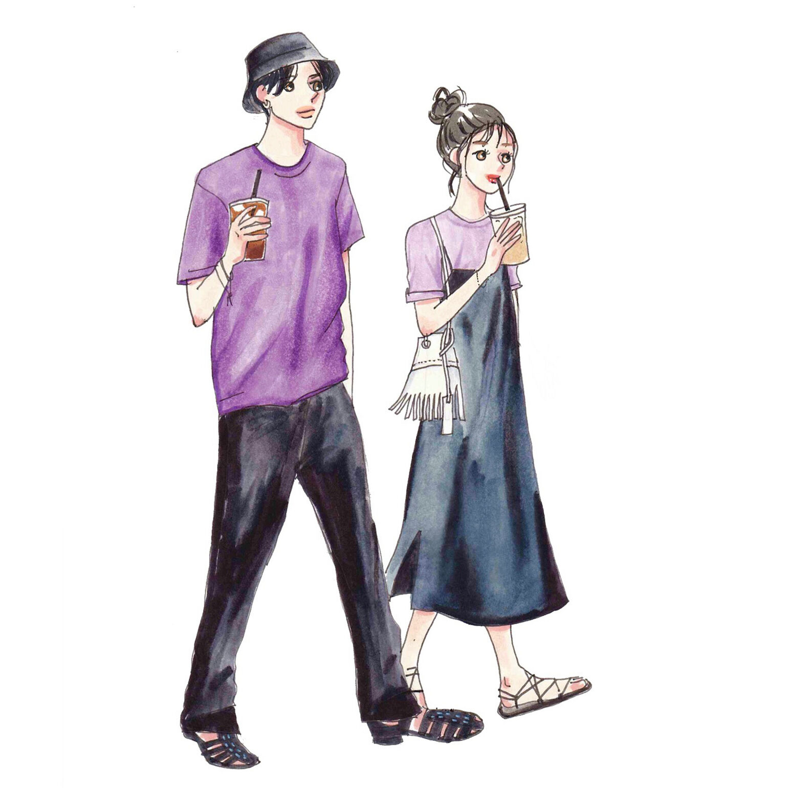 紫のTシャツに黒のチノパンツを合わせたメンズコーデと紫のTシャツに黒のキャミソールワンピースを合わせたレディースコーデ