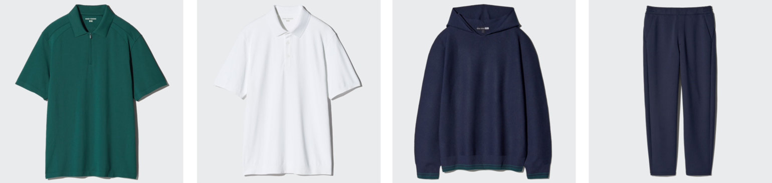 Four key items from The Roger Federer Collection. From left to right: a highly breathable half-zip polo shirt in green, a clean and classic white button-down polo shirt, a navy 3D knit hoodie featuring a unique textured knit, and navy sweatpants with a sleek, modern silhouette.