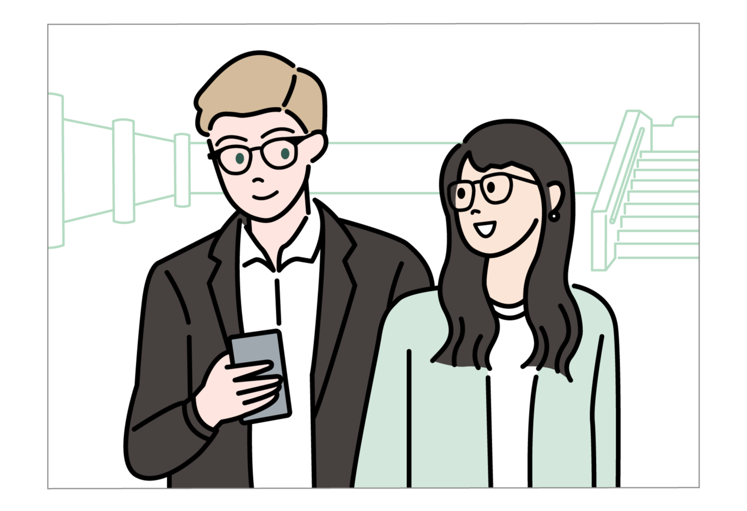 An illustration image depicting a man holding a smartphone and walking alongside a woman, both wearing glasses and smiling gently at each other.