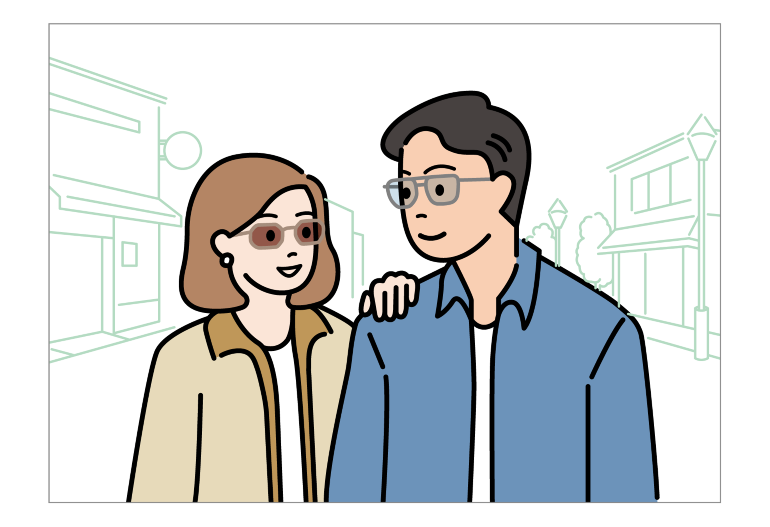 An illustration image depicting a woman in sunglasses with her hand on a mans shoulder, with the two looking affectionately at each other against a city backdrop.