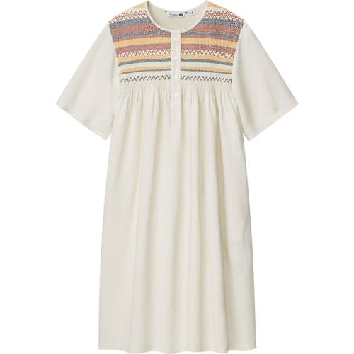 JW ANDERSON LINEN BLEND SMOCKED SHORT SLEEVE DRESS