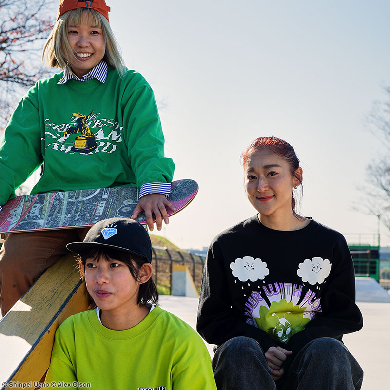 An anime girl skateboarding, doing tricks in the half