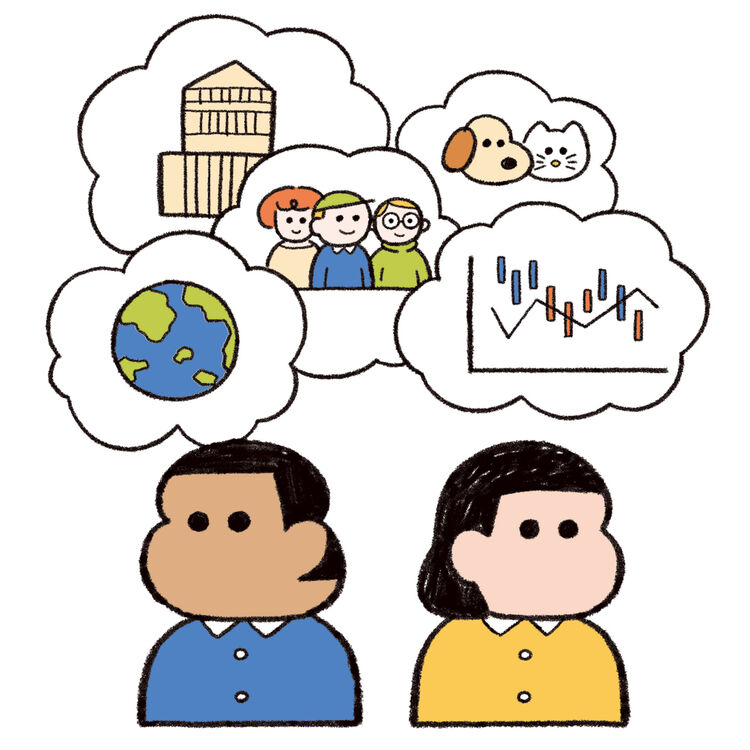 Illustrations depicting broad concepts that include not only the environment but also human rights, economics, and social sustainability