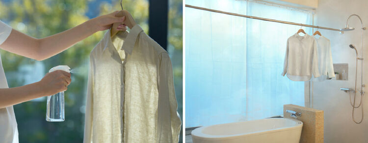 A two-panel image showing (left) a person spraying water on an off-white linen shirt on a hanger to remove wrinkles, and (right) two washed white shirts hanging on a laundry rod next to a shower in a bathroom to air dry.
