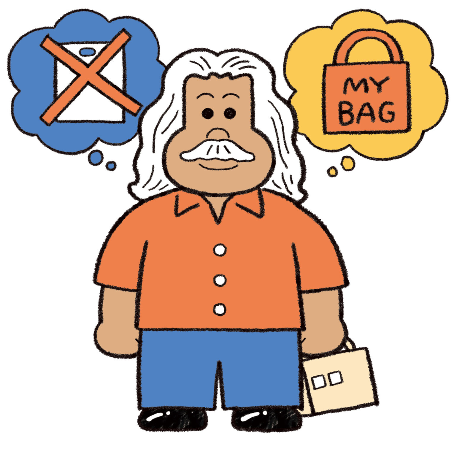 Illustration of a person wondering why paper bags were used instead of plastic bags