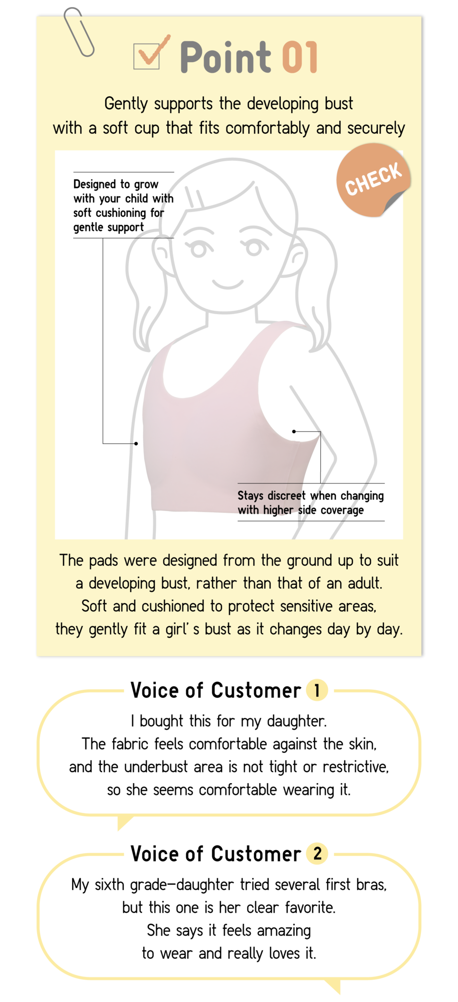 Point01 Gently supports the developing bust with a soft cup that fits comfortably and securely CHECK Designed to grow with your child with soft cushioning for gentle support Stays discreet when changing with higher side coverage The pads were designed from the ground up to suit a developing bust, rather than that of an adult. Soft and cushioned to protect sensitive areas, they gently fit a girl’s bust as it changes day by day. Voice of Customer1 I bought this for my daughter. The fabric feels comfortable against the skin, and the underbust area is not tight or restrictive, so she seems comfortable wearing it. Voice of Customer2 My sixth grade-daughter tried several first bras, but this one is her clear favorite. She says it feels amazing to wear and really loves it.