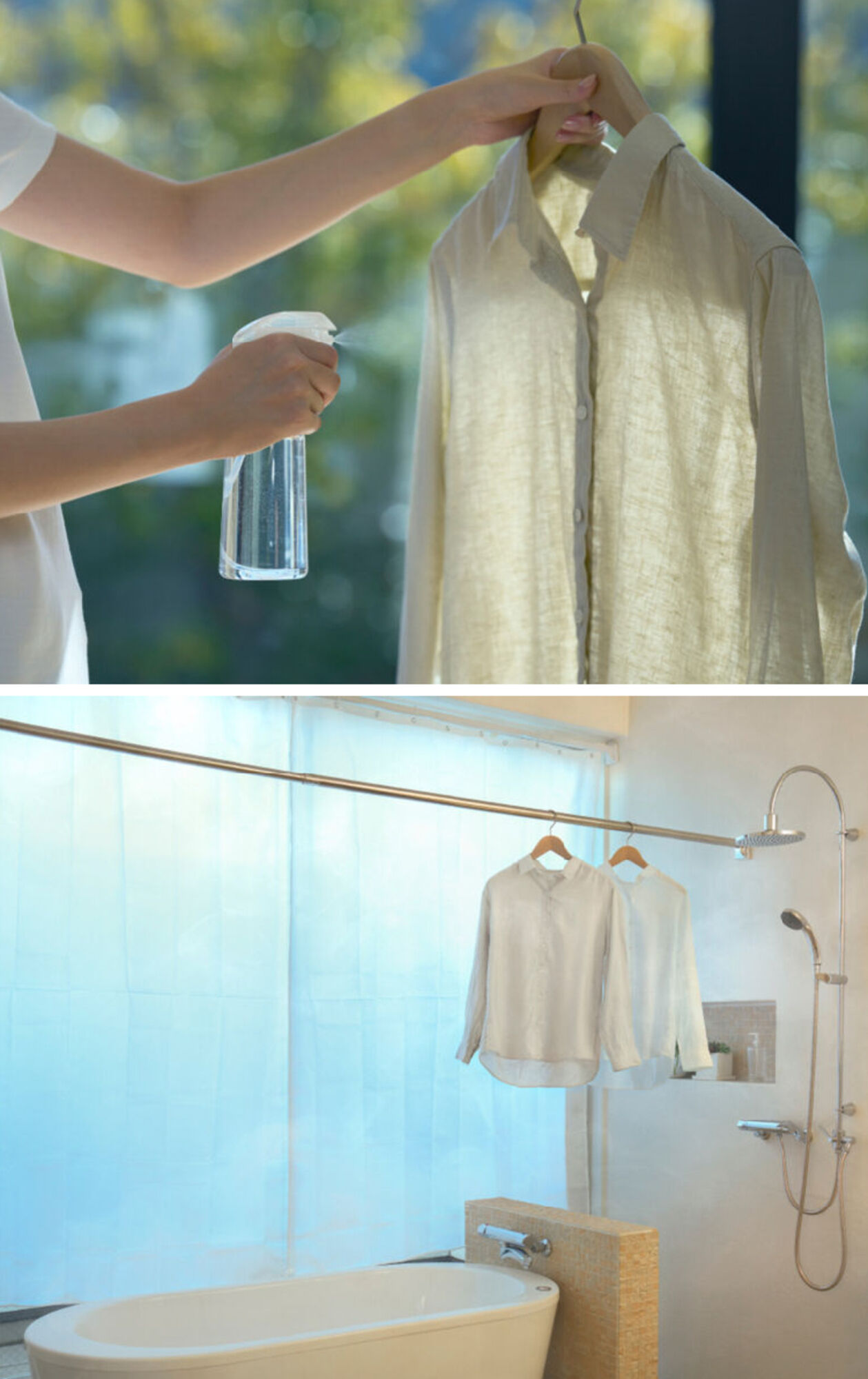 A two-panel image showing (left) a person spraying water on an off-white linen shirt on a hanger to remove wrinkles, and (right) two washed white shirts hanging on a laundry rod next to a shower in a bathroom to air dry.
