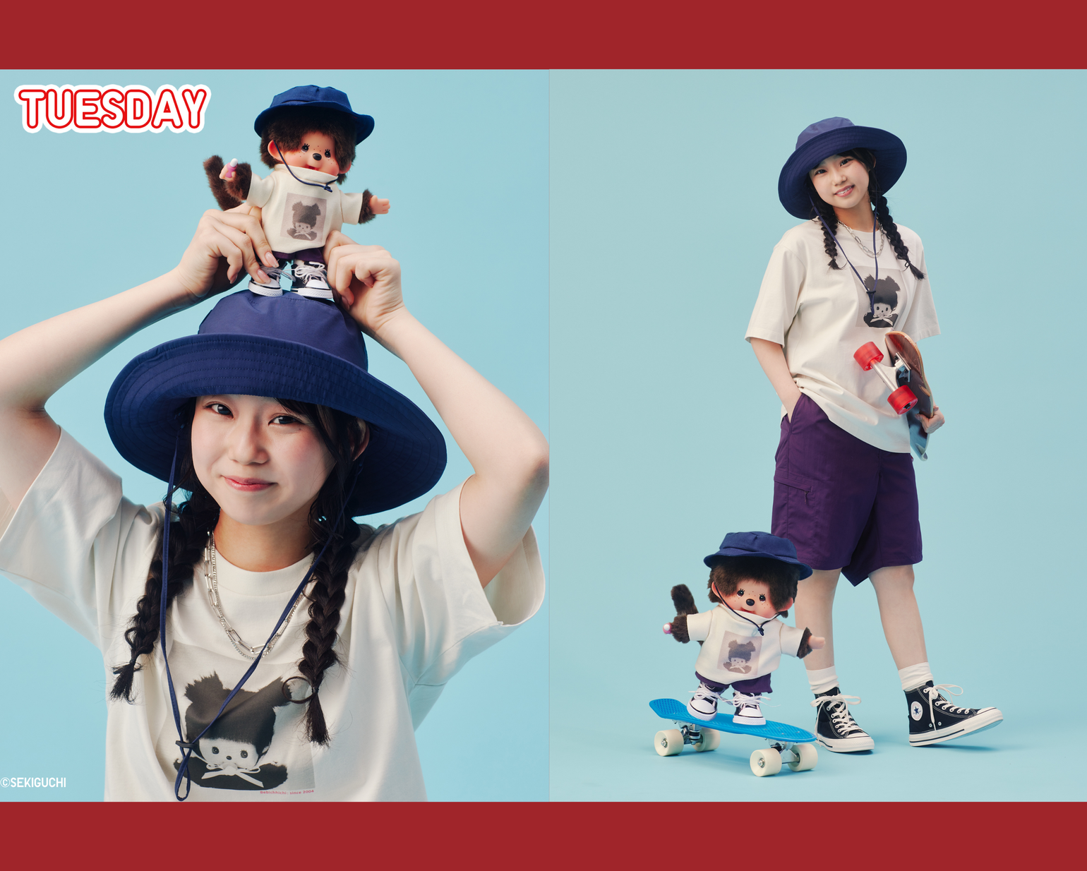 สไตล์วันอังคาร ซ้าย: ภาพโคลสอัพเปี่ยลูกเล่นที่มี Monchhichi อยู่ด้านบนหมวก ขวา: ภาพเต็มตัวขณะกำลังถือสเก็ตบอร์ด และมี Monchhichi อยู่บนสเก็ตบอร์ดข้างๆ ชุดสไตล์แอ็คทีฟมาพร้อมเสื้อยืด UT สีออฟไวท์และกางเกงขาสั้นสีม่วง